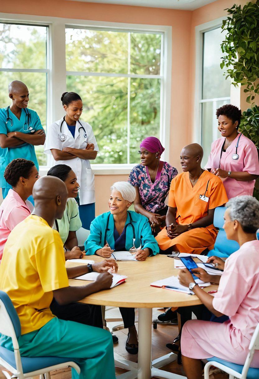 A dynamic composition of a diverse group of cancer patients and healthcare professionals engaged in a lively discussion, illustrating collaboration and empowerment. Bright, hopeful colors should radiate from the scene, highlighting innovative cancer treatment technologies like telemedicine and new therapies. Incorporate symbols of wellness, such as healthy food, exercise equipment, and serene nature elements in the background. The atmosphere should be uplifting and positive, conveying a sense of community and progress. super-realistic. vibrant colors. soft focus.
