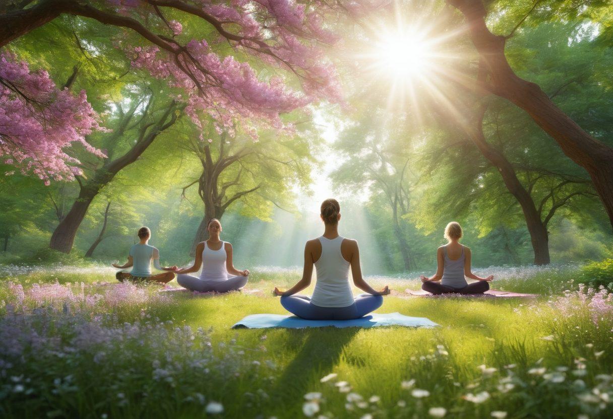 A serene landscape showcasing a diverse group of people practicing holistic wellness techniques, such as yoga and meditation, surrounded by blooming flowers and trees. In the background, advanced medical technology is subtly integrated, symbolizing progress in oncology. Light rays filtering through the trees create a calming atmosphere, embodying the blend of nature and modern advances in health. soft focus. vibrant colors. 3D.